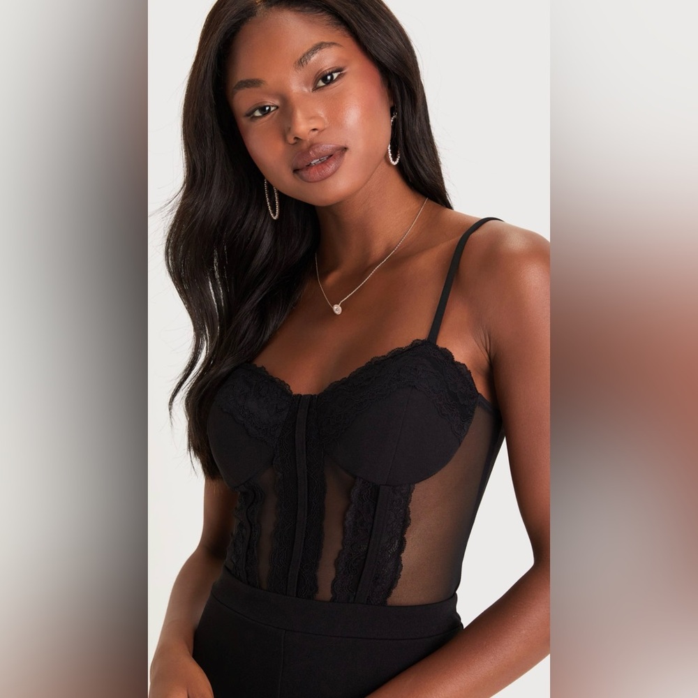 NWT Perfectly Sultry Black Sheer Mesh Bustier Wide-Leg Jumpsuit Size Small - Picture 2 of 9